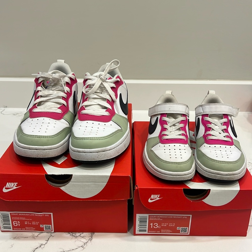 Mommy & me Nike court borough low recraft pair: white, obsidian, rose 13c & 6.5Y
